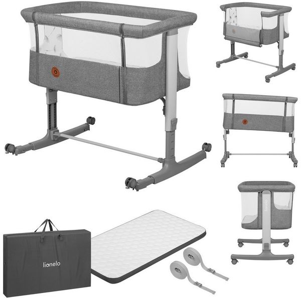 Lionelo Aurora 3 in 1 Babybett bis 9 kg, Beistellbett, Wiege, Höhenverstellug und Einstellung der Neigung der Matratze, 4 Räder mit Bremse Ergonomische Matratze Tasche