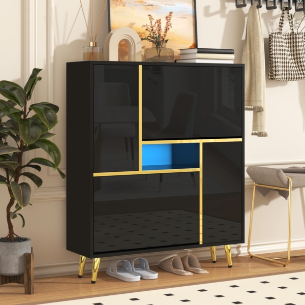 Schuhschrank 80x25x96 cm, schwarze Matt-Oberfläche mit Hochglanzfront, 16-farbiges LED-Band und goldene Akzente