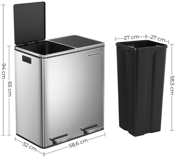 Songmics Mülleimer mit 2 Fächern und Softclose, luftdicht inkl. Müllbeutel, Metall, 60 (2x30) Liter, Silber Bild 7