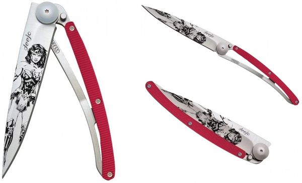 Deejo Ultraleichtes klappbares Taschenmesser 37g Roter Alugriff Wonder Woman.