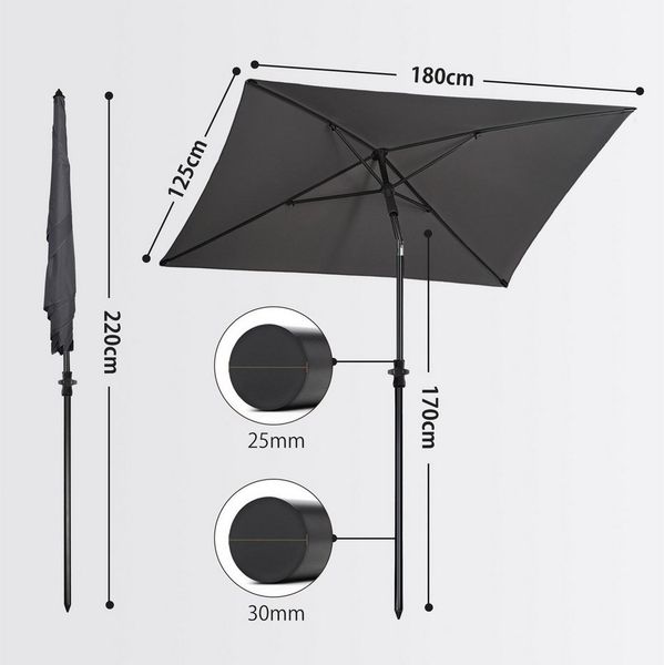 Sekey Sonnenschirm 180 x 125 cm Balkonschirm Rechteckig Terasseschirm mit Schutzhülle, LxB: 180,00x125,00 cm, Sonnenschutz UPF50+, Kippbar, Höhenverstellbar Sonnenschirm Balkon