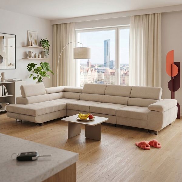 Muffo Ecksofa Wild Maxi mit Schlaffunktion inkl. Montage, L-form Couch mit Bettkasten XL, 6-fach verstellbare Kopfstützen
