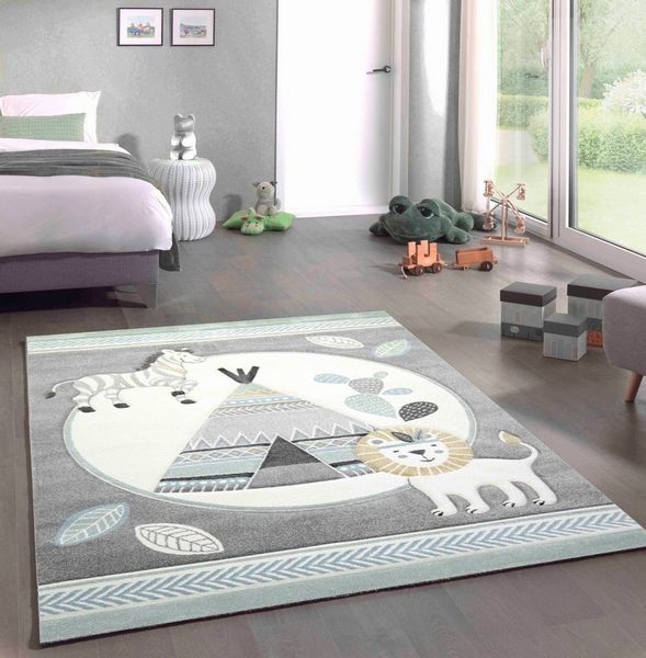 Carpetia Kinderteppich Spielteppich Kinderzimmer Kaktus Zebra Zelt Löwe gelb grau creme, rechteckig, Höhe: 13 mm