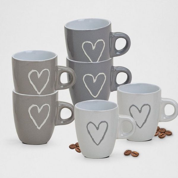 matches21 HOME & HOBBY Tasse Moderne Keramik Espresso-Tassen 6er Set beige weiß grau 50 ml, 6-tlg, Keramik, Kleine Landhaus-Stil Vintage Henkel Herz Kaffee-Tassen