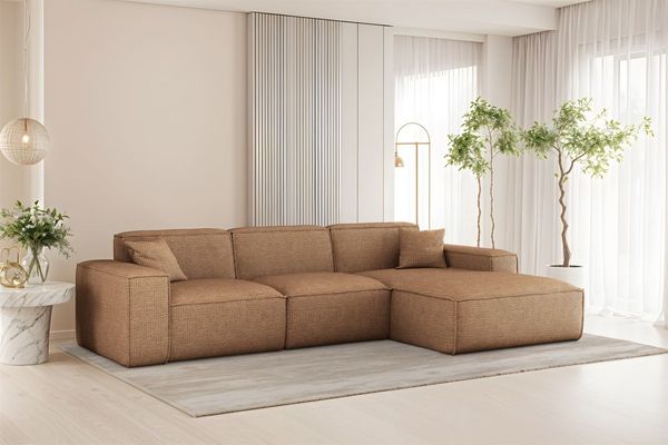Ecksofa Designersofa CELES PREMIUM in Stoff Artico Rostbraun Ottomane Rechts