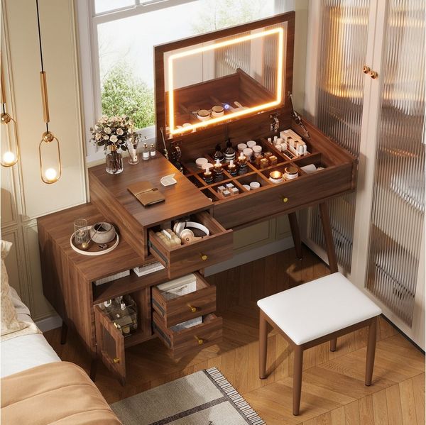 MODFU Schminktisch Klassischer Schminktisch-Set (mit Hocker, LED-Klappspiegel, ausziehbare Tischplatte, Metallgriffe, 3-farbige LED-Beleuchtung, 1-St, B120 / H77,5 / T50 cm)