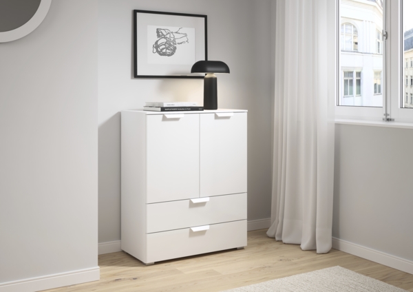 rauch Aditio Box, Kommode, 2-türig, 2 Schubladen, mit Glasfront, mit Softclose-Funktion, Farbe Weiß, BxHxT 80x100x42cm