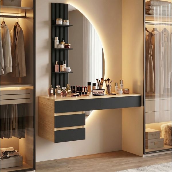 HOMALL Schminktisch Hängender Schminktisch mit drei einstellbaren Farbtemperaturen (LED-Silikon-Lichtleiste in drei Farben, Maße: 106 × 40 × 143 cm, mit 3 offenen Ablagefächern und 2 Schubladen, für vielfältige Einsatzmöglichkeiten geeignet)