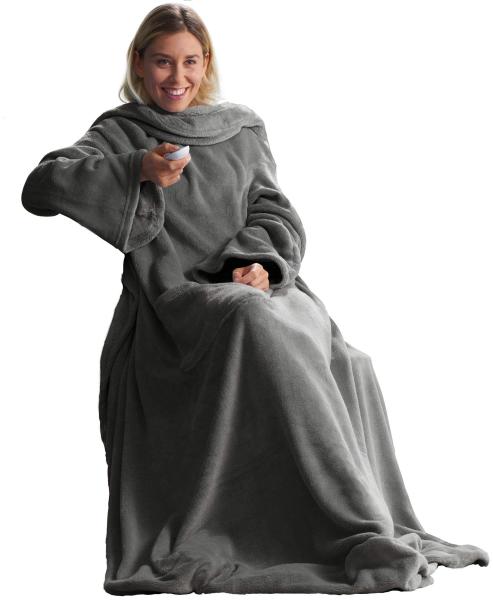 CelinaTex TV-Decke mit Ärmeln und Fußtasche Flauschige Kuscheldecke 150x180 cm grau Mikrofaser Fleece Soft Oeko-TEX