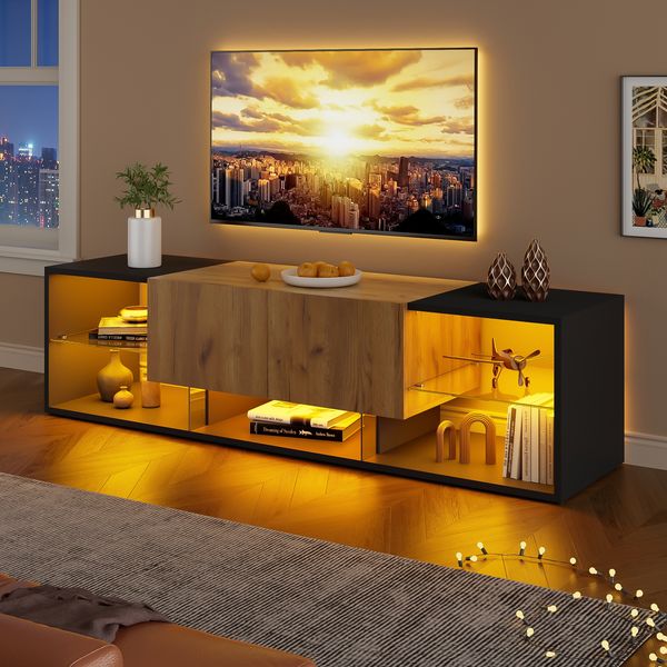 TV-Schrank 160 x 40 x 42 cm mit 2 Schubladen, Glasablage und LED-Beleuchtung in Schwarz/Natur-Holzoptik