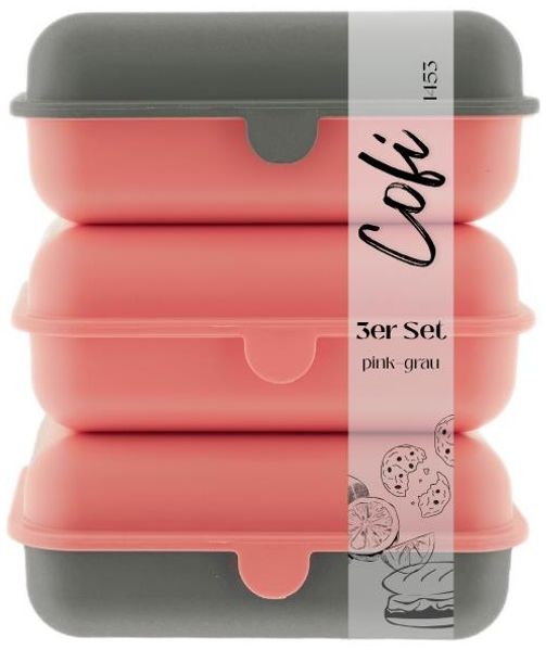 Cofi Brotdosen 3er-Set – Lunchbox / Frühstücksbox – BPA-frei, spülmaschinenfest, stapelbar, 1600 ml Pink-Grau