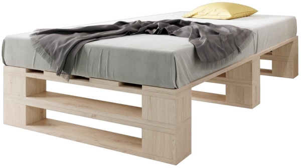 sunnypillow Palettenbett M2 aus Holz 90x200 cm mit Lattenrost Stabiles Seniorenbett Kinderbett Jugendbett Gästebett erhöhtes Einzelbett Bettgestell Futonbett Komforthöhe Naturholz