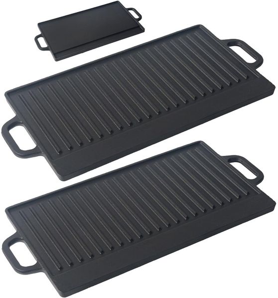 Grillplatte aus Gusseisen 1-2 Stück 50x23,5 cm Wendeplatte emailliert Grillpfanne Burgerplatte BBQ Plancha für Gasgrill Holzkohlegrill Herd Backofen Lagerfeuer geriffelt glatt schwarz