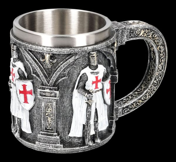 Figuren Shop GmbH Bierkrug Templer Krug – Kreuzritter Mittelalter Bierkrug Trinkgefäß 10.5 cm, Kunststein (Polyresin), Edelstahl