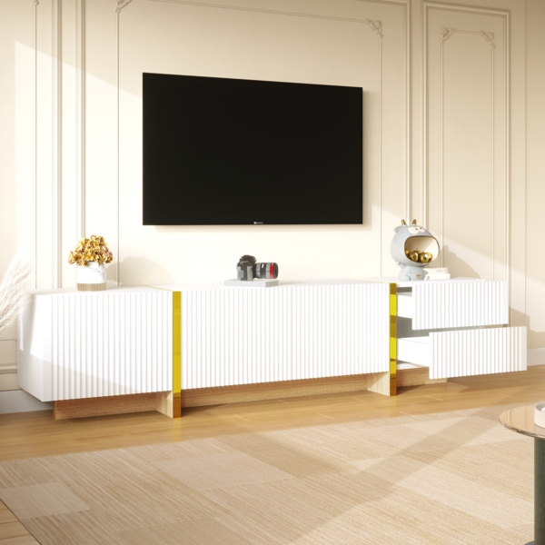 TV-Schrank, 3 Türen, 2 Schubladen, Weiß mit Gold und Holzmaserung,190×35×45 cm,modernes Design, viel Stauraum