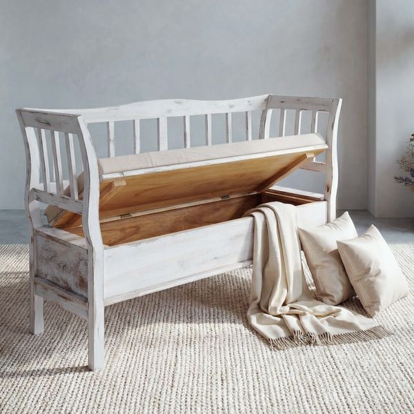 Sitzbank T207, Bank Truhenbank Holzbank Aufbewahrungstruhe, Staufach Kissen Holz 119cm ~ weiß, shabby
