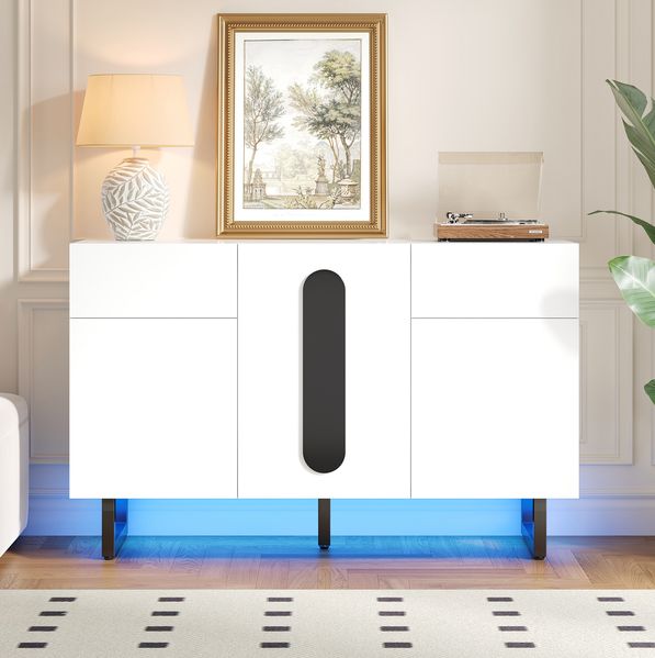 Modernes Sideboard weiß 120x40,5x75 cm, mit Schubladen & Türen, Metallbeine