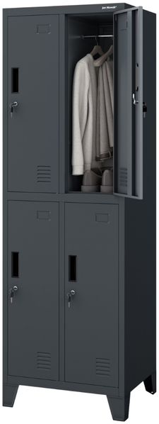 Umkleideschrank Spind BARTEK - 4 Abteile, Etikettenhalter Lüftungsschlitze | Umkleidespind Schließfachschrank Garderobenspind, 172x55,9x45cm Anthrazit