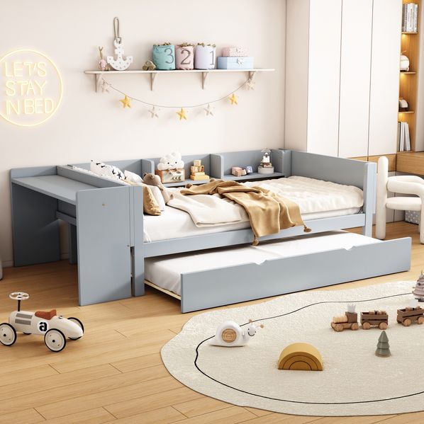 Bett 90x200 cm mit Ausziehbett und Schreibtisch – Kiefernholz/MDF mit seitlichen Regalen, grau