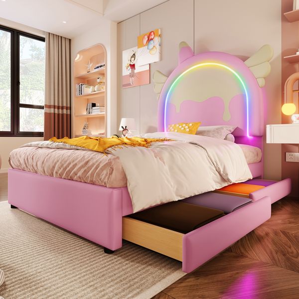 Polsterbett 90x200 cm aus PU mit Stauraum und Leuchtleiste – Einhorn-Design in Rosa