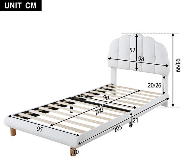 90x200cm Einzelbett, Kinderbett, Jugendbett, Polsterbett, Holzlattenrost, Vliesimitat, Weiß Bild 3