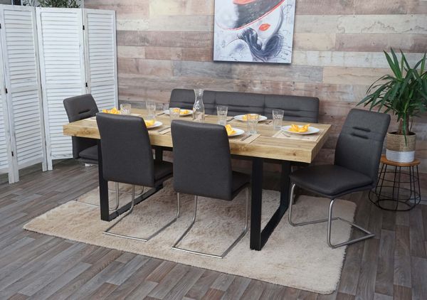 Esszimmer-Set HWC-H70, Esszimmergruppe Sitzgruppe Esszimmergarnitur, Stoff/Textil Edelstahl gebürstet ~ grau-braun 160cm
