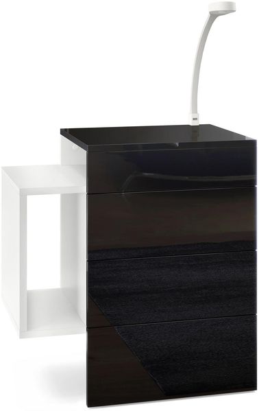 Vladon Nachttisch Queens, Nachttischschrank mit 2 Schubladen und 1 seitlichem Fach zur Wandmontage, Weiß matt/Schwarz Hochglanz, inkl. LED Flexi Lampe weiß (60 x 63 x 36 cm)