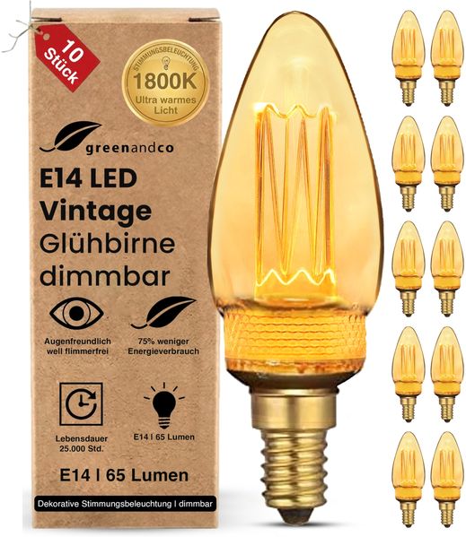 greenandco 10x LED Vintage Glühbirne zur Stimmungsbeleuchtung | dimmbar | E14 C35 | gold | 2,3W 65lm | 1800K extra warmweiß | 320° | 230V | flimmerfrei | Edison Glühbirne