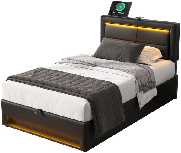 Polsterbett 90x200 cm mit USB-Ladefunktion & LED-Beleuchtung, Schwarz PU, inkl. Lattenrost, Stauraum Bild 7