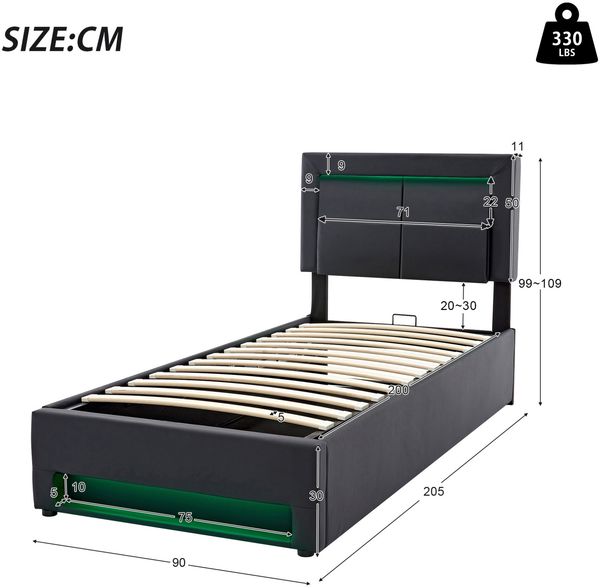 Polsterbett 90x200 cm mit USB-Ladefunktion & LED-Beleuchtung, Schwarz PU, inkl. Lattenrost, Stauraum Bild 10
