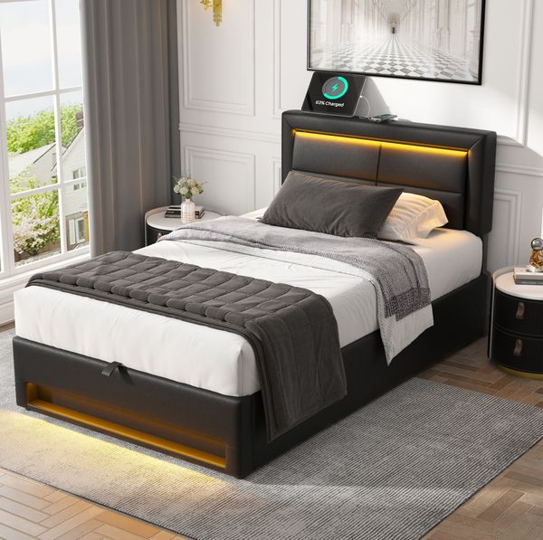 Polsterbett 90x200 cm mit USB-Ladefunktion & LED-Beleuchtung, Schwarz PU, inkl. Lattenrost, Stauraum