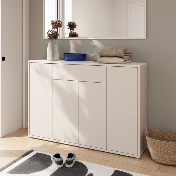 Forte ALICE SPRINGS Schuhschrank 140 150, moderner Schuhschrank mit viel Stauraum, 4-türig, 1 Schublade, Holzwerkstoff, Kaschmir Beige, 143,9 cm breit x 99,1 cm hoch x 34,9 cm tief