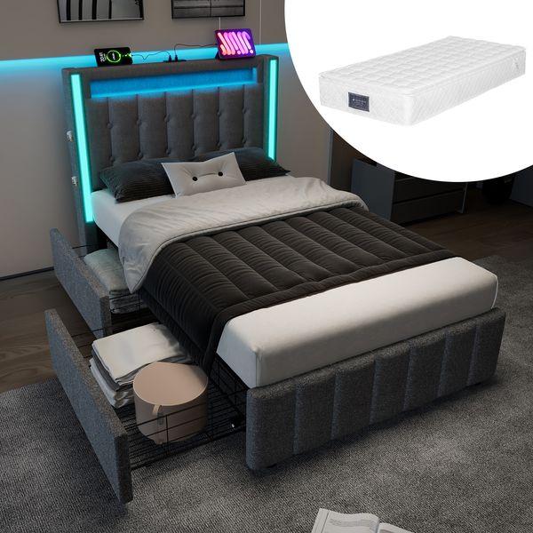 Polsterbett Leinen mit USB-Anschluss, LED & 2 Schubladen, 90x200 cm, Grau, mit Matratze
