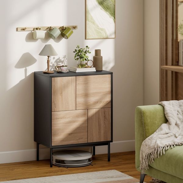 Sideboard mit 4 Fächer, Push-to-open Türen, melaminbeschichtet MDF, Metallbeine, Kippsicherung, für Wohnzimmer & Flur