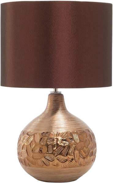 'Yakima' Tischlampe Gold geschwungener Porzellanfuß Stoffschirm Braun Kabel mit Schalter Moderner Glamouröser Stil
