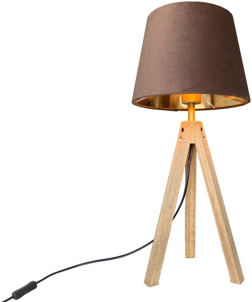 Große Tischlampe mit Dreibein aus Holz, Samtschirm Braun Gold, Höhe 55cm Bild 2