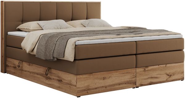 Boxspringbett, Doppelbett mit zwei 7 Härtezonen Multipocket-Matratzen, Bettkästen, Eiche Wotan Holzrahmen, Polsterbett mit Topper-Matratze - ALBERO 1 KING - 200 x 200 cm - Braun Kunstleder - H4 Bild 4