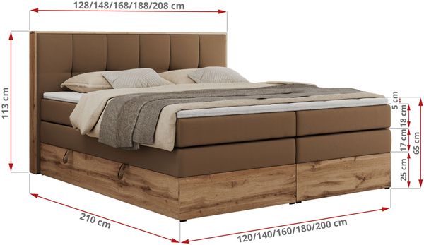Boxspringbett, Doppelbett mit zwei 7 Härtezonen Multipocket-Matratzen, Bettkästen, Eiche Wotan Holzrahmen, Polsterbett mit Topper-Matratze - ALBERO 1 KING - 200 x 200 cm - Braun Kunstleder - H4 Bild 6