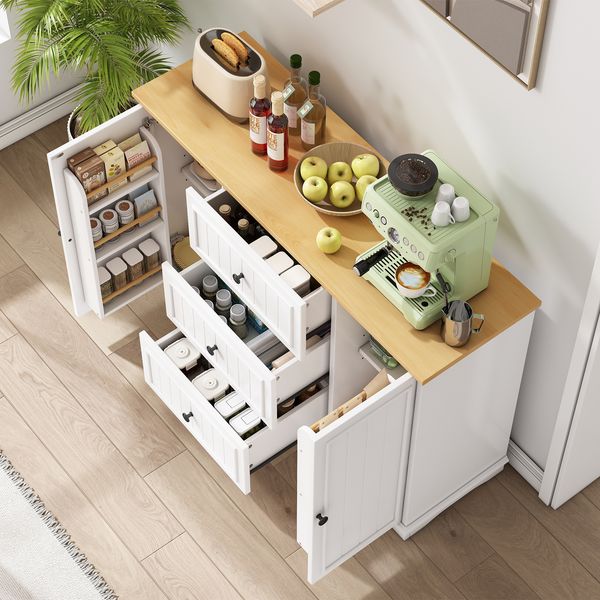 Sideboard 126x40x86 cm in Weiß mit 3 Schubladen, Türen und höhenverstellbaren Böden, MDF