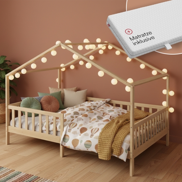 Bellabino 'Bia' Hausbett 140x200 cm mit Matratze, natur, Kiefer Massivholz, Montessori Kinderbett mit Rausfallschutz und Lattenrost