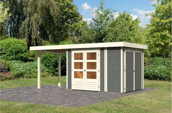 Karibu Gartenhaus Retola 2 terragrau 19mm mit Anbauschrank + 2,40m Anbau Anbau 2,4m