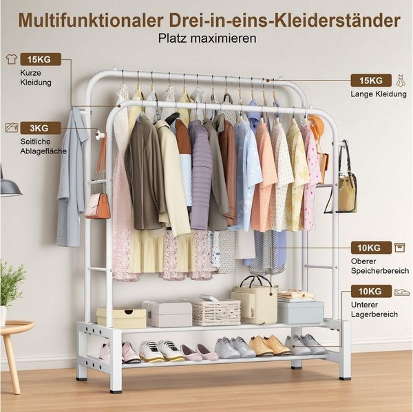 loefme Kleiderständer 3-in-1 Garderobenständer, Metall Kleiderstange offen, (mit doppelter Ablage & Seitenhaken), Einfache Montage Multifunktionaler Kleiderständer, Schwarz