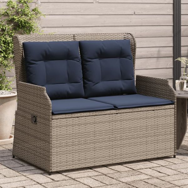 vidaXL Gartenbank mit Liegefunktion und Kissen Grau Polyrattan 368962