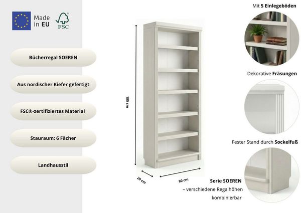 OTTO home Bücherregal Soeren Regal B/T/H: 80/29/185 cm, 6 Fächer, aus massiver Kiefer, FSC®-zertifiziert Bild 3