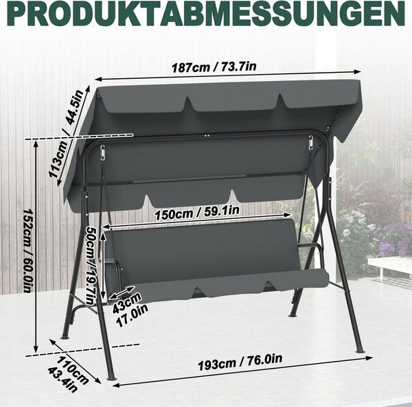 FIVMEN Hollywoodschaukel Gartenschaukel 3-Sitzer Gartenliege Schaukelbank Garten Schaukel, 193x110x152cm, Metall Hängeschaukel mit Verstellbarem Sonnendach Liegefunktion