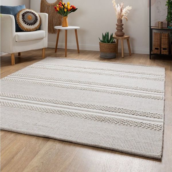 Handweb Teppich Habo - Breite Streifen, Farbe: Silber, Größe: 60x120 cm