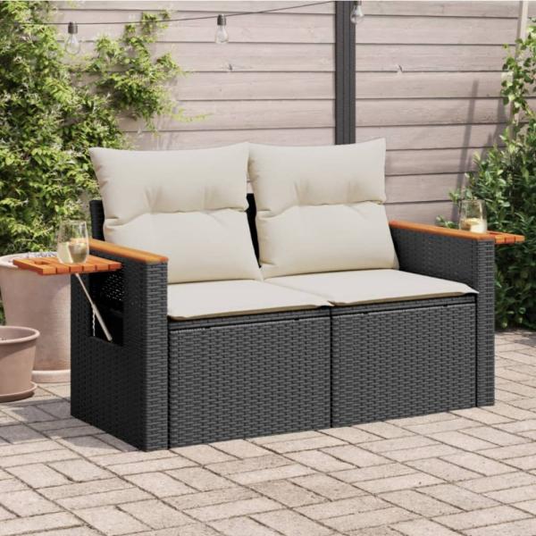 vidaXL Gartensofa mit Kissen 2-Sitzer Schwarz Poly Rattan 366009