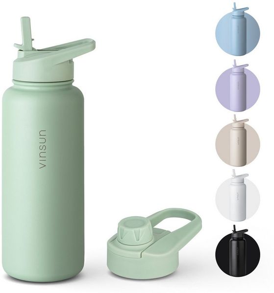 Vinsun Isolierflasche Edelstahl Trinkflasche 750ml Strohhalm - 2 Deckel Thermoflasche, BPA frei, doppelwandig, auslaufsicher, bruchsicher, geruchsneutral