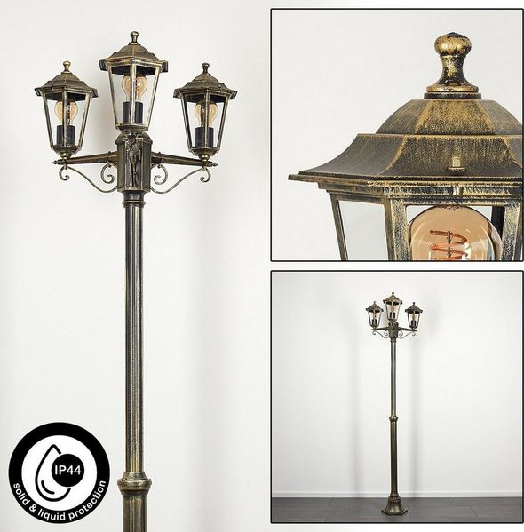 hofstein Außen-Stehlampe Wegeleuchte aus Metall/Glas in Goldfarben-Braun/Klar, ohne Leuchtmittel, Kandelaber, Gartenbeleuchtung IP44, 3xE27, ohne Leuchtmittel