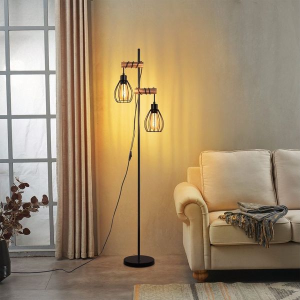 Nettlife Stehlampe Vintage Holz in Schwarz 151cm 2-flammig Stehleuchte, LED wechselbar, für Wohnzimmer schlafzimmer Esszimmer Büro